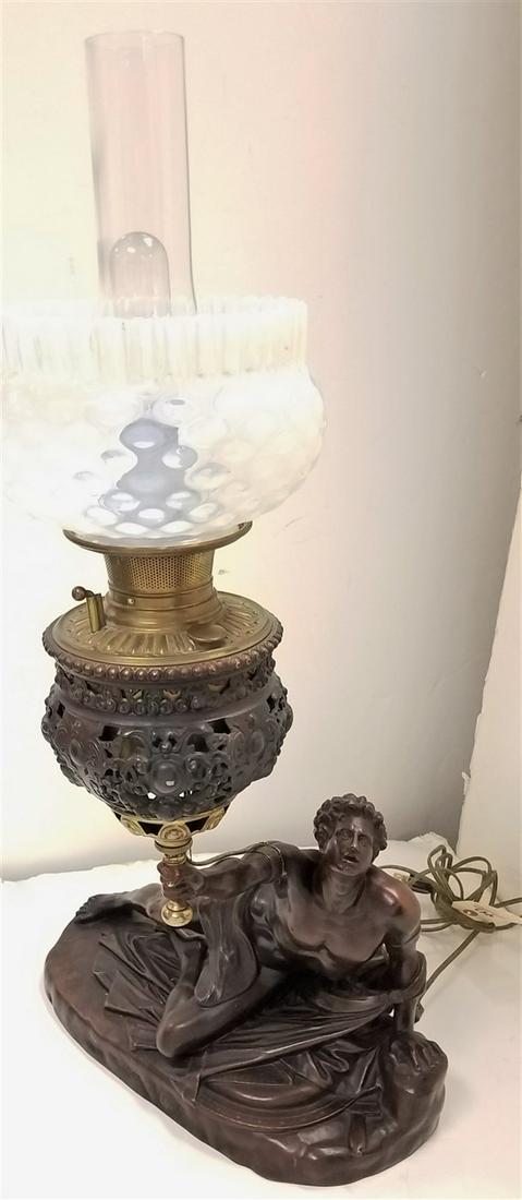 VICT. WHITE METAL & FIGURAL OIL LAMP W/ OPALESCENT SHADE 31"H X 17"W X 6 1/2"D - ELEC DYING GAULL (1 of 11)