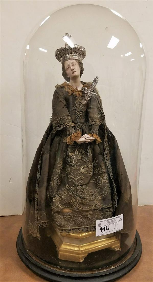 19TH C SPANISH OR ITALIAN WOODEN SAINT IN ELABORATELY EMBROIDERES DRESS 19 1/2" UNDER A GLASS DOME (1 of 6)