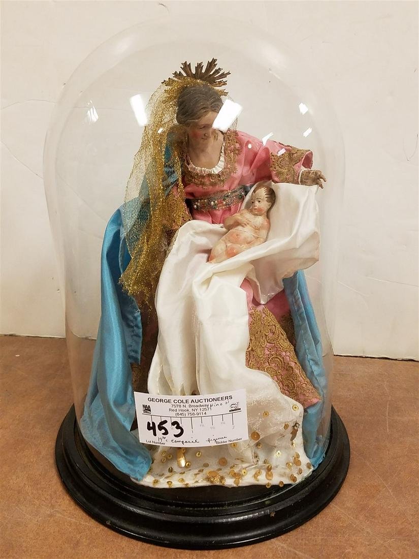 19TH C COMPOSITE MOTHER & CHILD GROUP 11" IN A 12 1/2"H X 8 1/2" DIAM. GLASS DOME (1 of 3)
