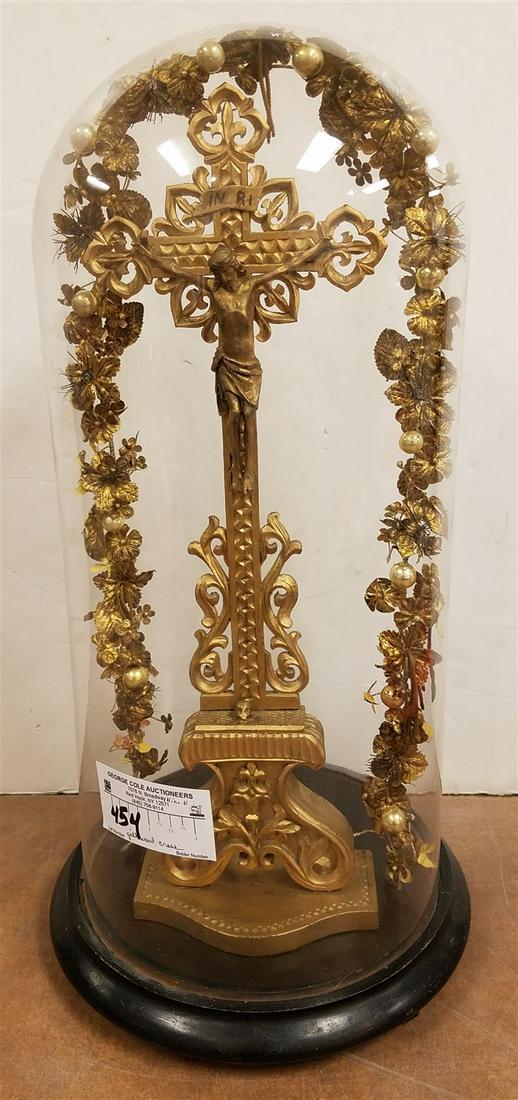 CARVED GILT WOOD CROSS 17 1/2" UNDER A 18 1/2"H X 8 1/2" DIAM. GLASS DOME (1 of 7)