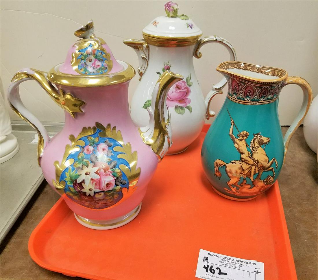 TRAY MEISSEN TEA POT (LID FINIAL GLUED), OLD PARIS TEA POT & VICT. KANIFER PITCHER (1 of 7)