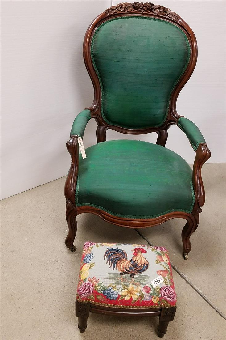 VICT. WALNUT UPHOLS. ARM CHAIR & NEEDLEPOINT COVERED FOOT STOOL (1 of 2)