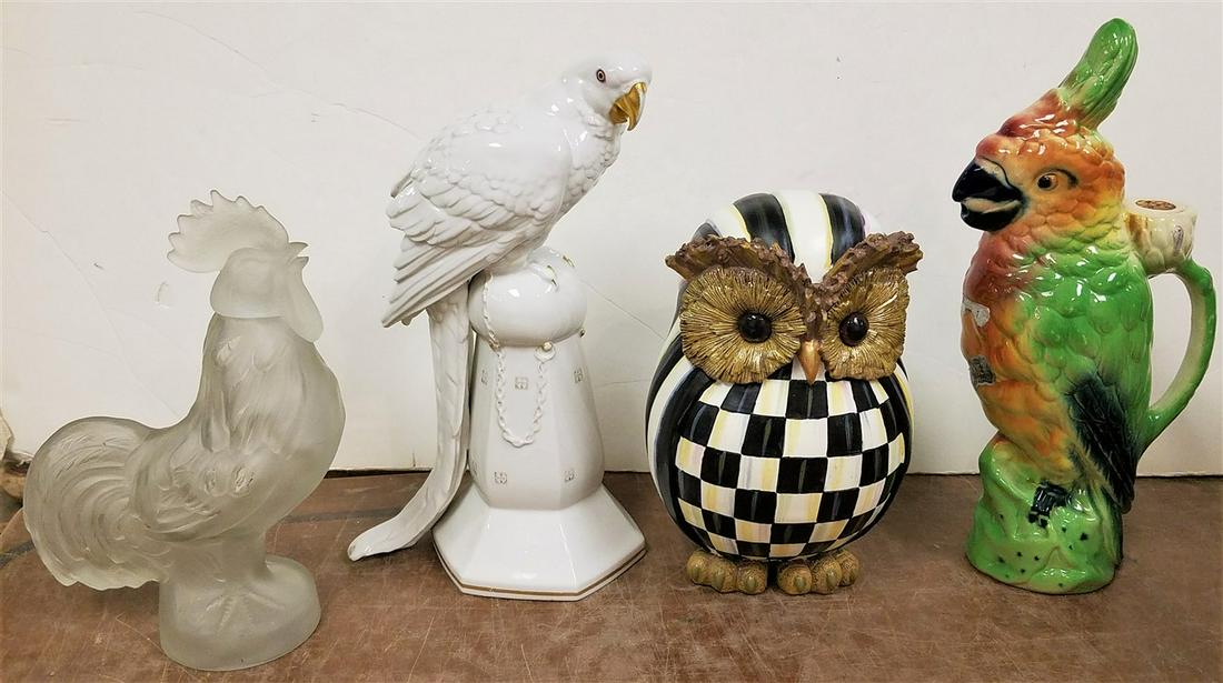 TRAY BIRD FIGURINES- OWL MACKENZIE AND CHILD'S 9, ROOSTER BOTTLE- FR GLASS 10", PARROT PORCFELAIN (1 of 8)