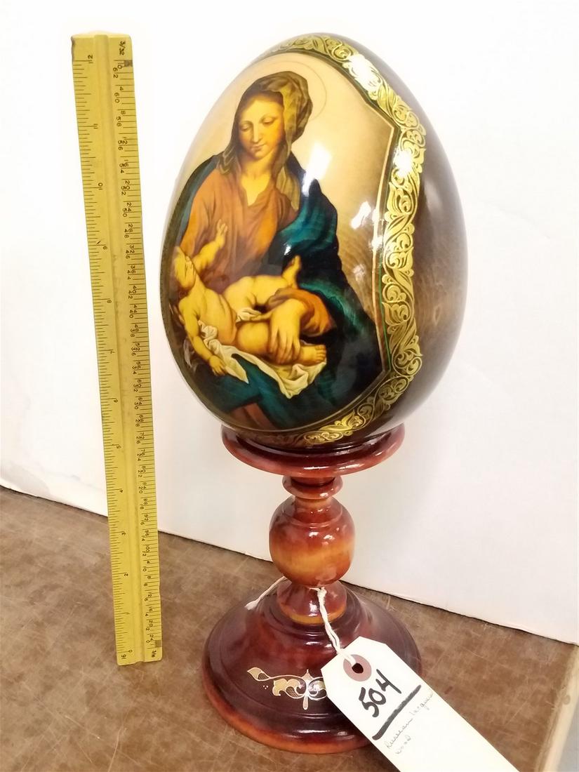 RUSSIAN LACQUERED WOOD AND EGG AND STAND 13" (1 of 3)