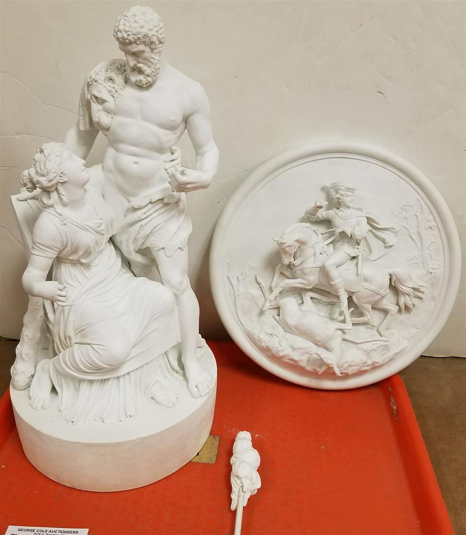 TRAY 19TH C BISQUE GROUP (DAMAGE ON HANDS) AND HIGH RELIEF BISQUE PLAQUE 11 1/4" DIAM (HORN MISSING): TRAY 19TH C BISQUE GROUP (DAMAGE ON HANDS) AND HIGH RELIEF BISQUE PLAQUE 11 1/4" DIAM (HORN MISSING)