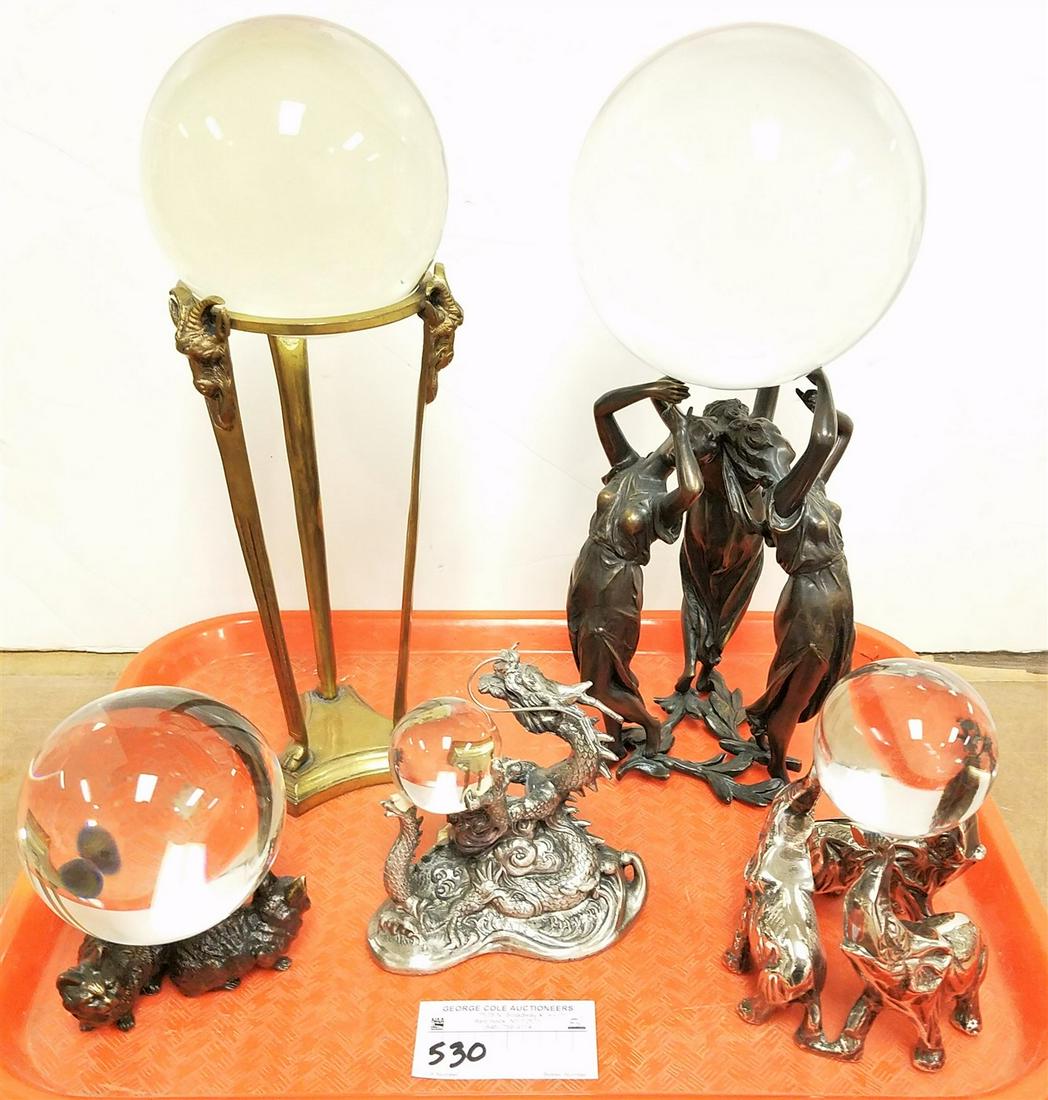 TRAY 5 CRYSTAL BALLS AND FIGURAL STANDS BRONZE 3 MAIDENS AND BRASS TRIPOD- 14", CHROME ELEPHANTS 6", (1 of 4)
