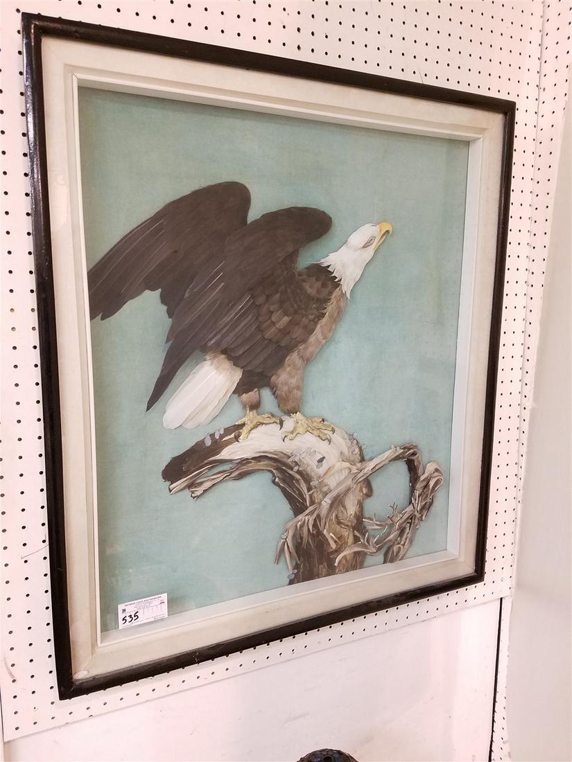 HIGH RELIEF FEATHER SCULPTURE OF AN EAGLE IN SHADOWBOX FRAMED 35 1/2" X 32" (1 of 2)