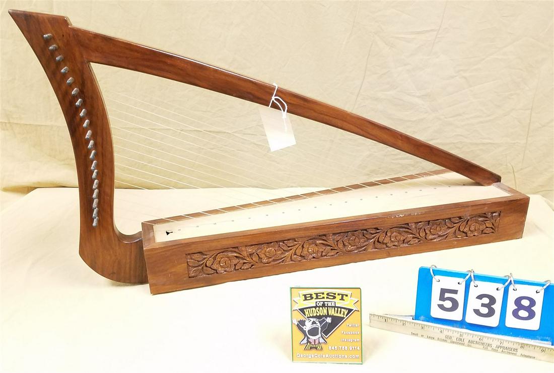 CARVED MAHOG MINSTREL HARP 32": CARVED MAHOG MINSTREL HARP 32"