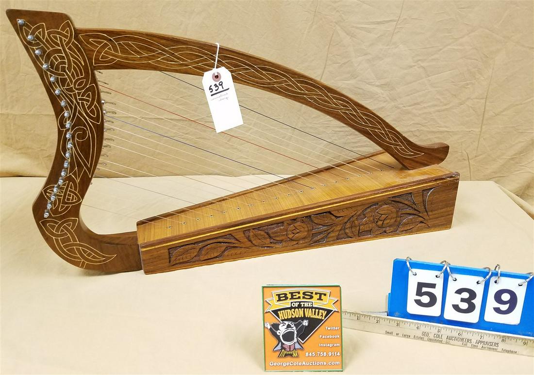 CARVED AND INLAID MAHOG MINSTREL HARP 30": CARVED AND INLAID MAHOG MINSTREL HARP 30"