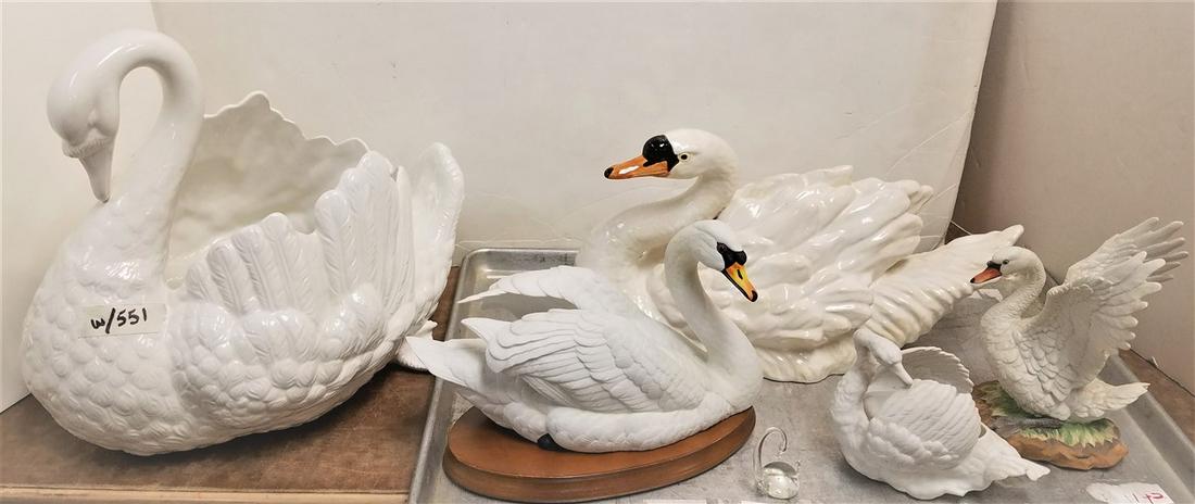 LOT SWAN FIGURINES- CERAMIC 14 1/2"H X 16"W X 12"D, GOEBEL PORCELAIN MUTE SWAN 38 /1000 1984 7"H X (1 of 5)