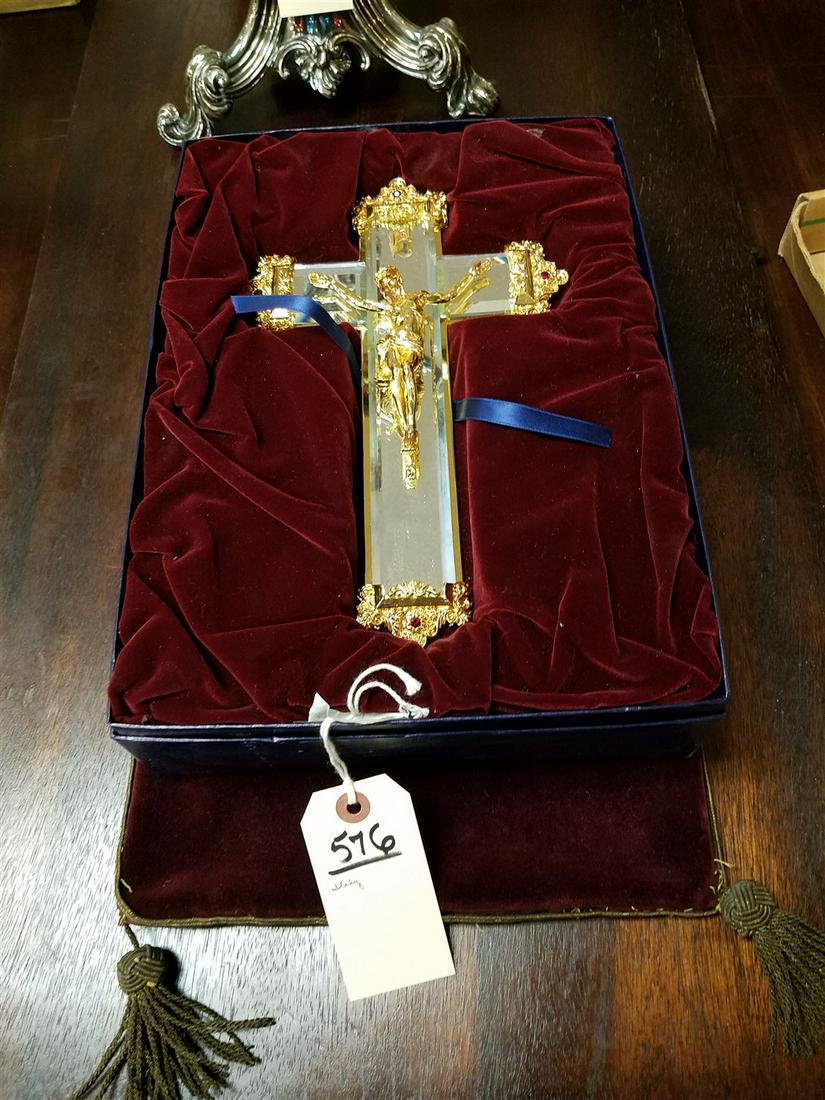 BX ITALIAN BRASS CROSS W/ MIRRORED BACK 10 1/2" X 6 3/4" (1 of 5)