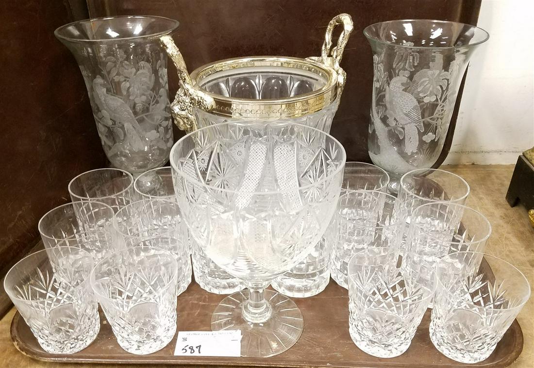 TRAY CRYSTAL ICE BUCKET, 14 GLASSES, 2 ETCHED VASES 11" AND CUT COMPOTE (1 of 6)