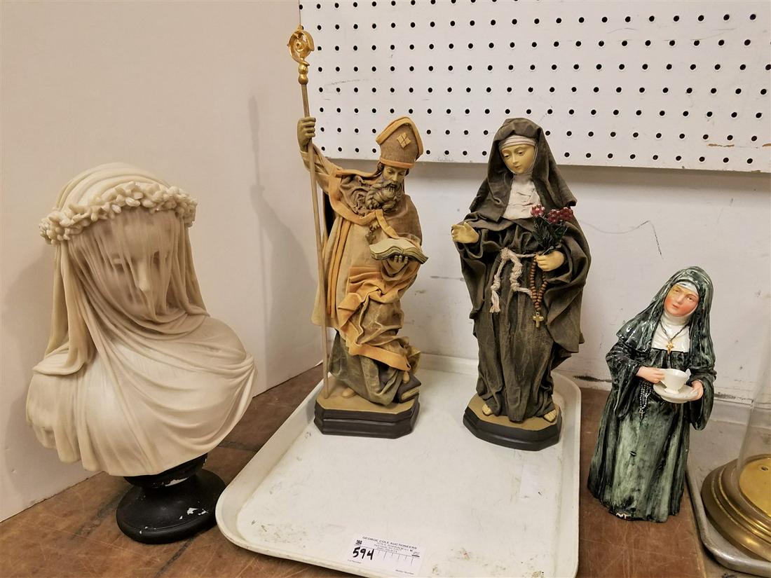 TRAY PORCELAIN NUN BELL 10 1/2", RESIN TOSCANO BUST, 2 DEPT 56 FIGURES 19" AND 15" (1 of 9)