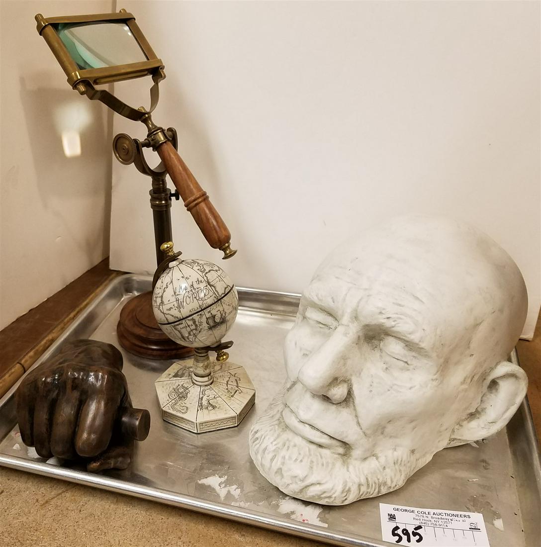 TRAY DESK ITEMS MAGNIFIER ON STAND, GLOBE 6 1/2", LINCOLN PLASTER DEATH MASK AND COPPER PLATED (1 of 4)