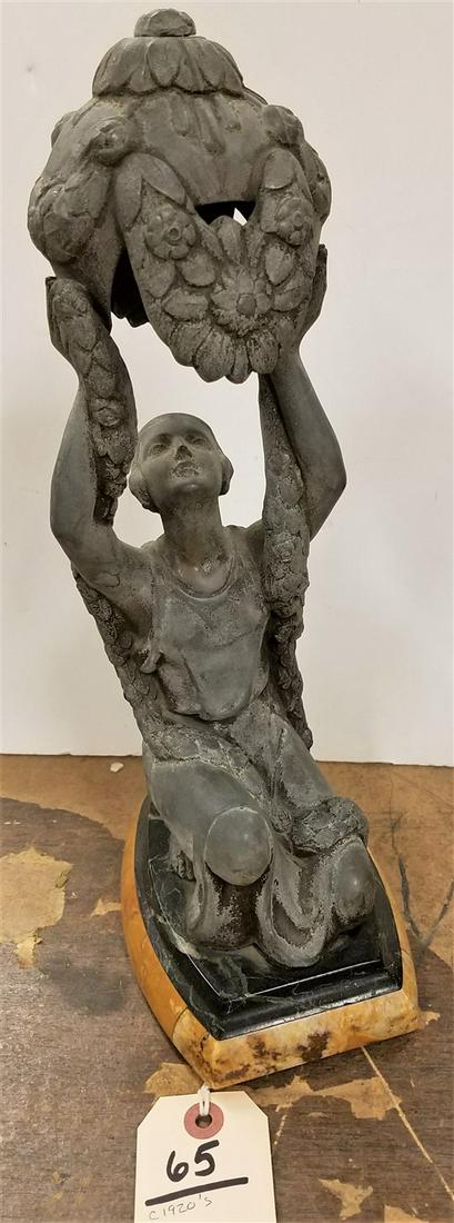 C1920'S WHITE METAL KNEELING MAIDEN STATUE ON MARBLE BASE 14" (WAS A LAMP) (1 of 4)