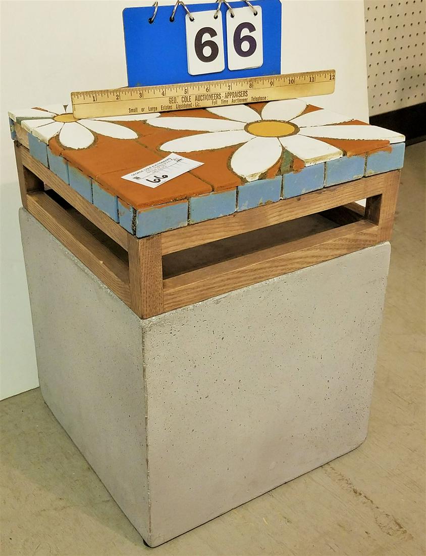 CEMENT BASE STAND W/ OAK AND MOSAIC TILE TOP 15 3/4"H X 12" SQ: CEMENT BASE STAND W/ OAK AND MOSAIC TILE TOP 15 3/4"H X 12" SQ