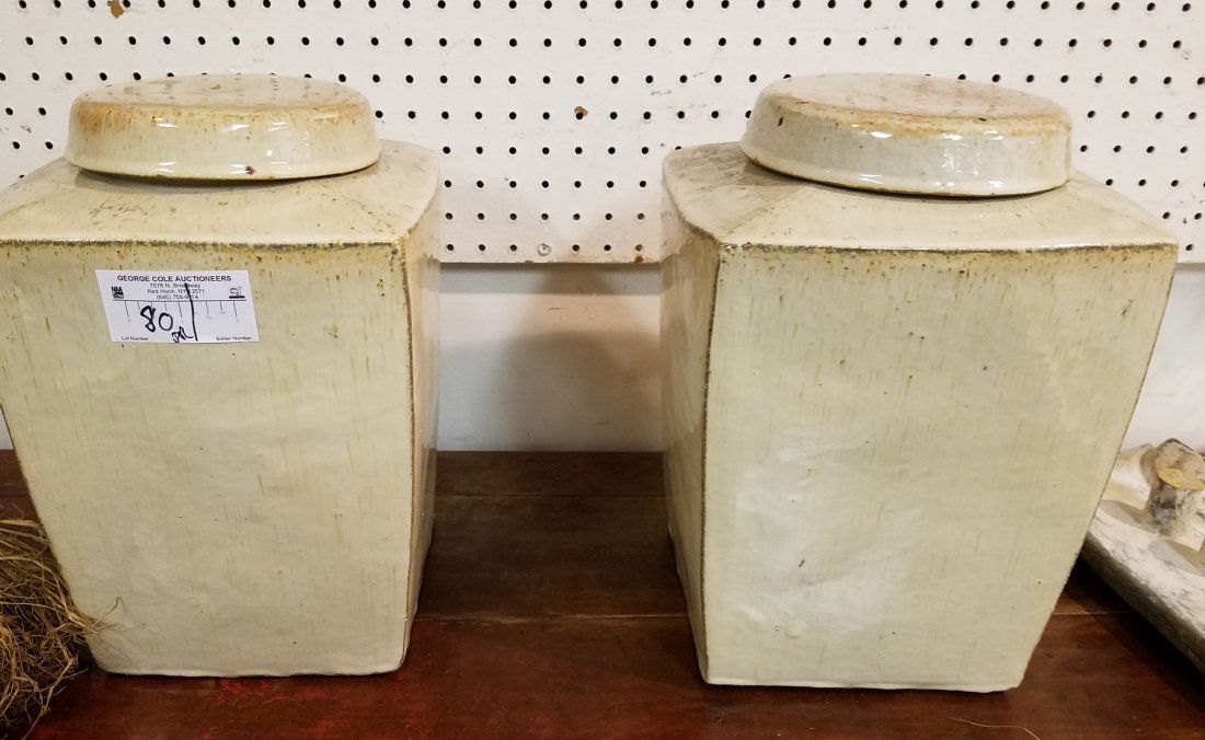 PR GLAZED POTTERY COVERED JARS 13 1/2"H X 9" SQ (1 of 7)