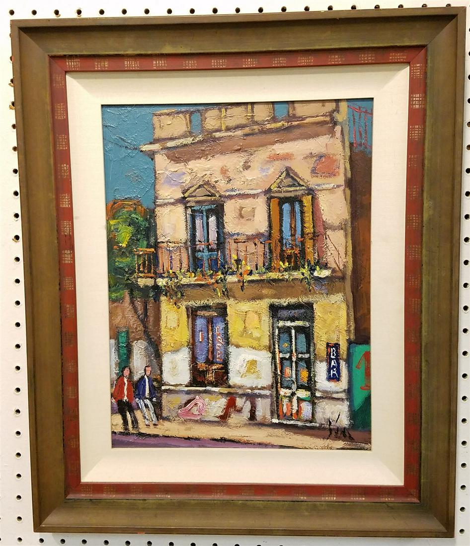 FRAMED O/B STREET SCENE W/ BAR SGND RODOLFO M. JARA 15 1/2" X 11 1/2" (1 of 3)