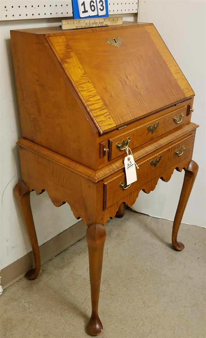 ELDRED WHEELER TIGER MAPLE QA STYLE SLANT FRONT DESK ON STAND 41"H X 24 3/4"W X 16"D (1 of 6)