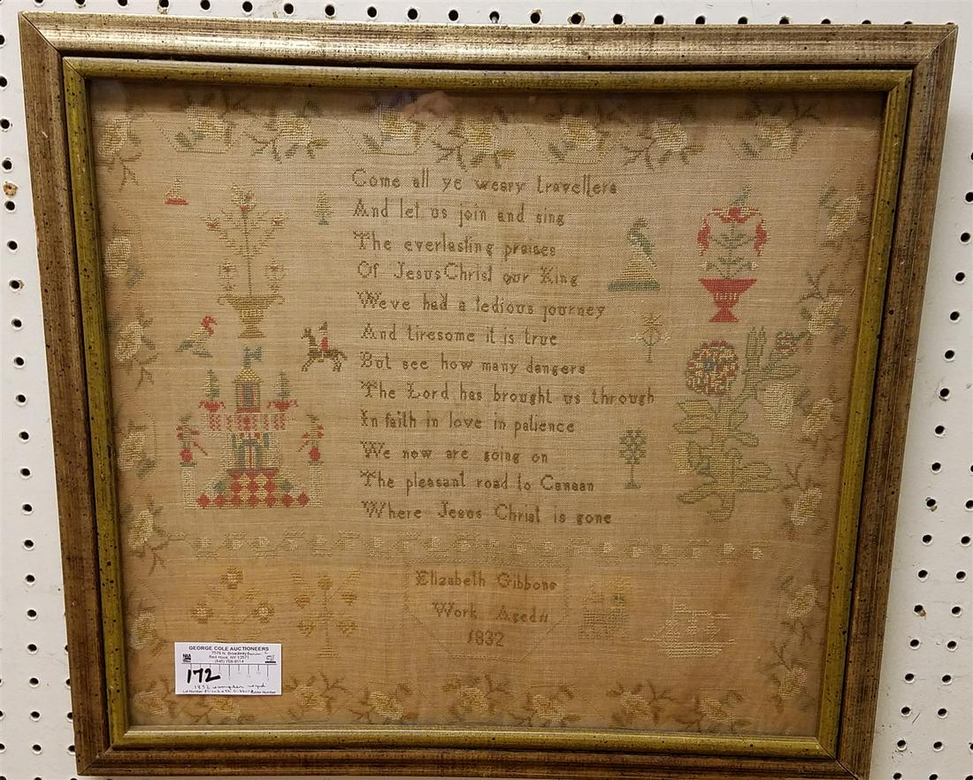 FRAMED 1832 SAMPLER BY ELIZABETH GIBBONS 17" X 18 1/2" (1 of 2)