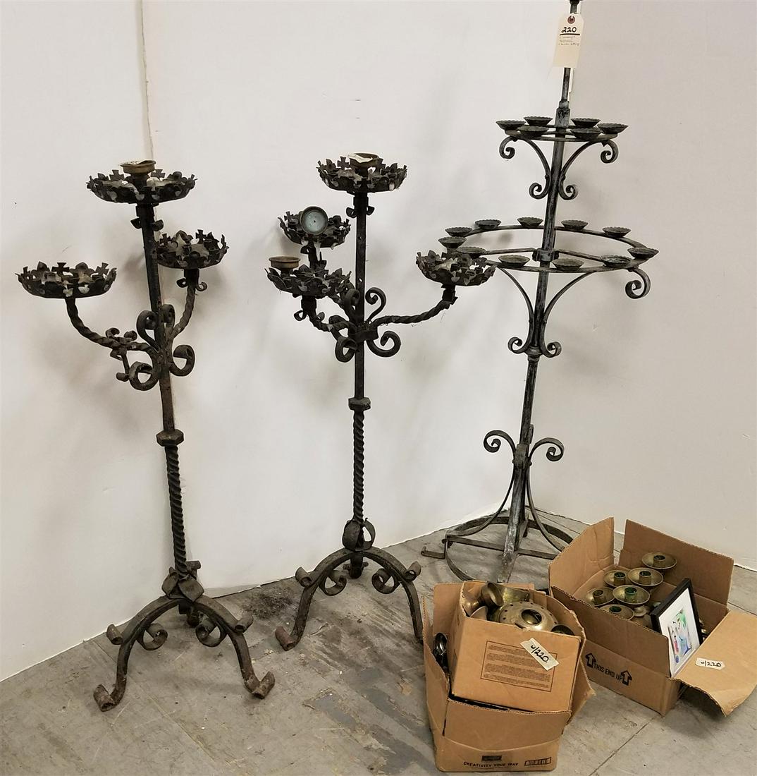 LOT 3 WROUGHT TORCHERES W/ BRASS FITTINGS 53"H X 18 1/2" DIAM, 41"H X 16" DIAM AND 41"H X 18"W (1 of 4)