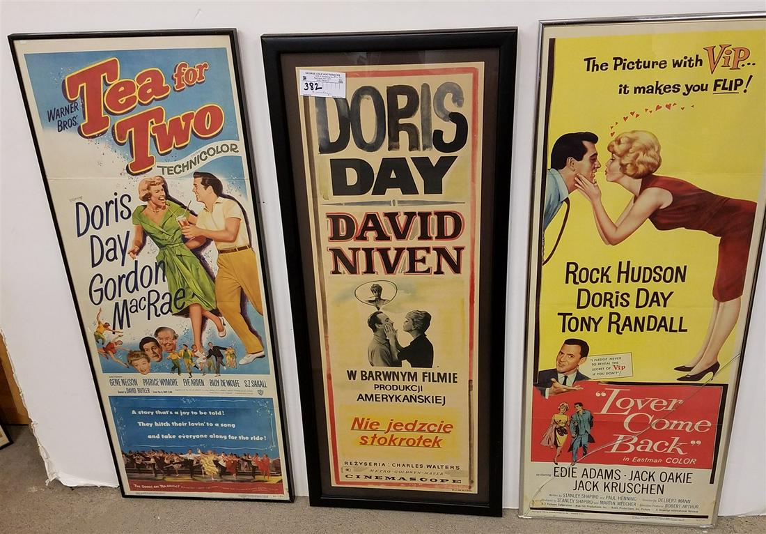LOT 3 FRAMED VINTAGE DORIS DAY MOVIE POSTERS 34" X 13" "TEA FOR TWO", "LOVE COME BACK" AND FOREIGN (1 of 2)