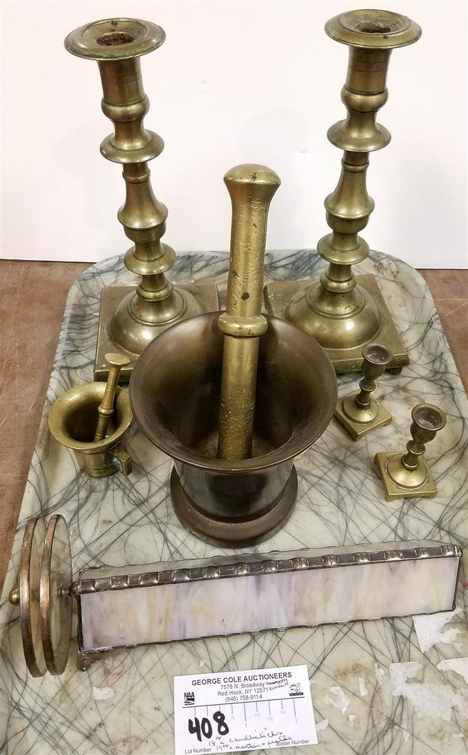 TRAY PR 18TH C BRASS CANDLESTICKS 9 1/2", 19TH C BRONZE MORTAR AND PESTLE, KALEIDOSCOPE ETC (1 of 2)