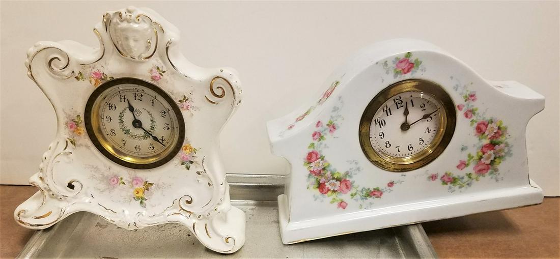 TRAY 2 PORCELAIN DRESSER CLOCKS ANSONIA 6"H X 6"W X 2"D AND 5"H X 7"W X 2"D (1 of 4)