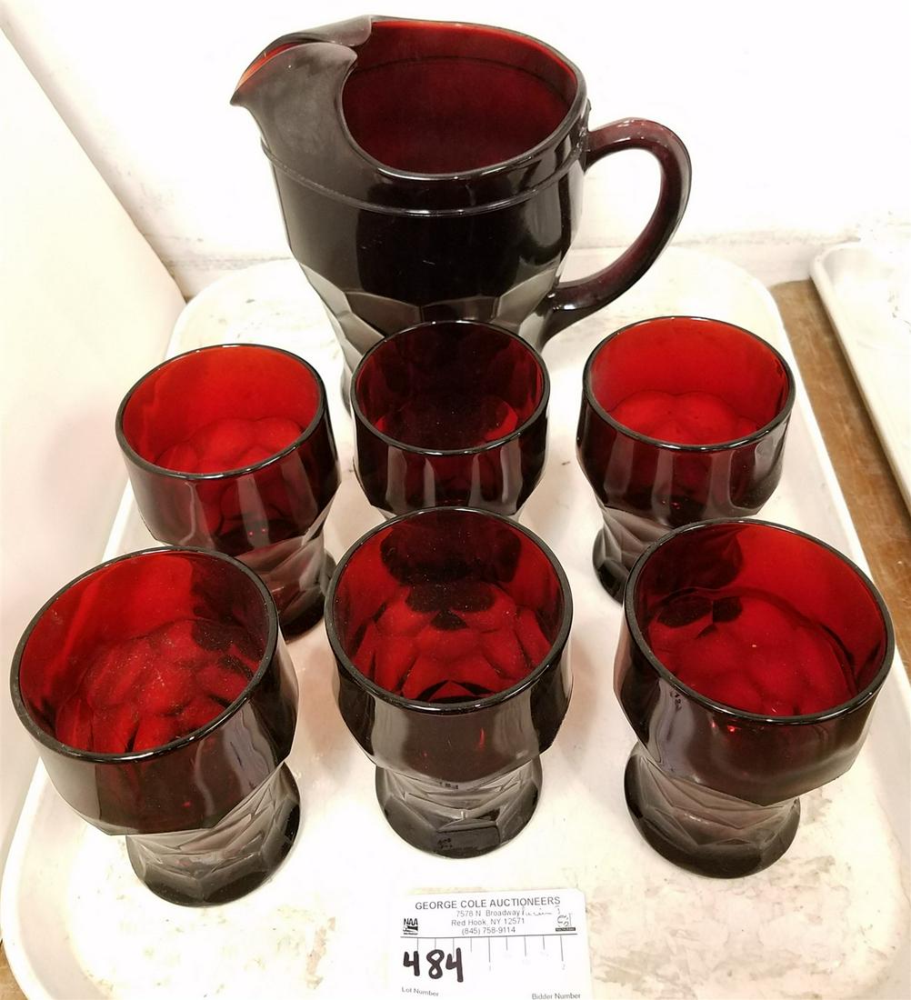 TRAY RUBY GLASS PITCHER W/ 6 GLASSES (1 of 1)