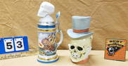 TRAY 2 GERMAN STEINS SKULL W/TOP HAT 8 3/4", LINDEN LMTD 700/5000 STEIN W/SKULL LID