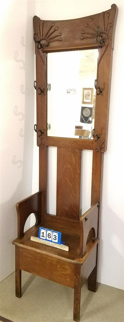 OAK HALL STAND W/ LIFT SEAT 80"H X 21 1/2"W X 15 1/2"D: OAK HALL STAND W/ LIFT SEAT 80"H X 21 1/2"W X 15 1/2"D