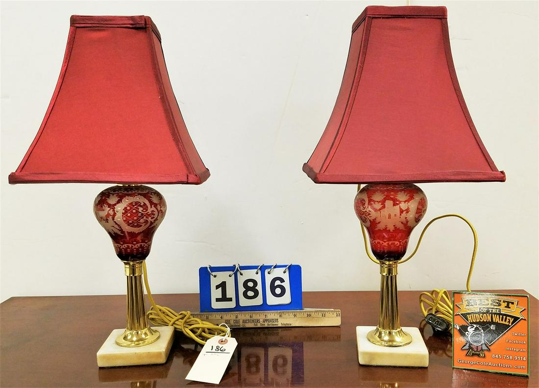 PR.19THc OIL LAMPS W/RUBY CUT TO CLEAR FONTS 19" NOT DRILLED (1 of 3)
