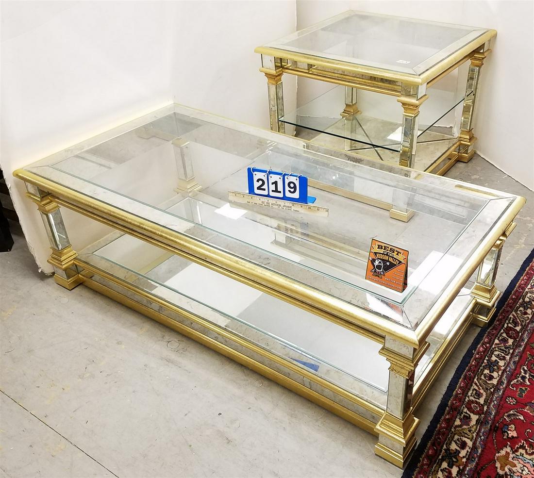 ELEANCE INC MIRRORED COFFEE TABLE 18"H X 55"W X 27 1/2" AND END STAND 24"H X 29 1/2" SQ: ELEANCE INC MIRRORED COFFEE TABLE 18"H X 55"W X 27 1/2" AND END STAND 24"H X 29 1/2" SQ