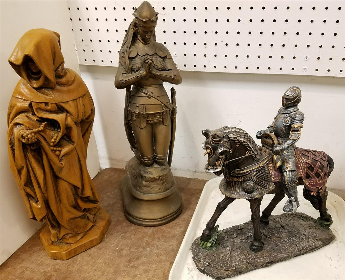 TRAY 2 RESIN FIGURES KNIGHT ON HORSEBACK 13 1/2"H X 12 1/2"L JOAN OF ARC 19" PLASTER MONK 17 1/2" (1 of 3)