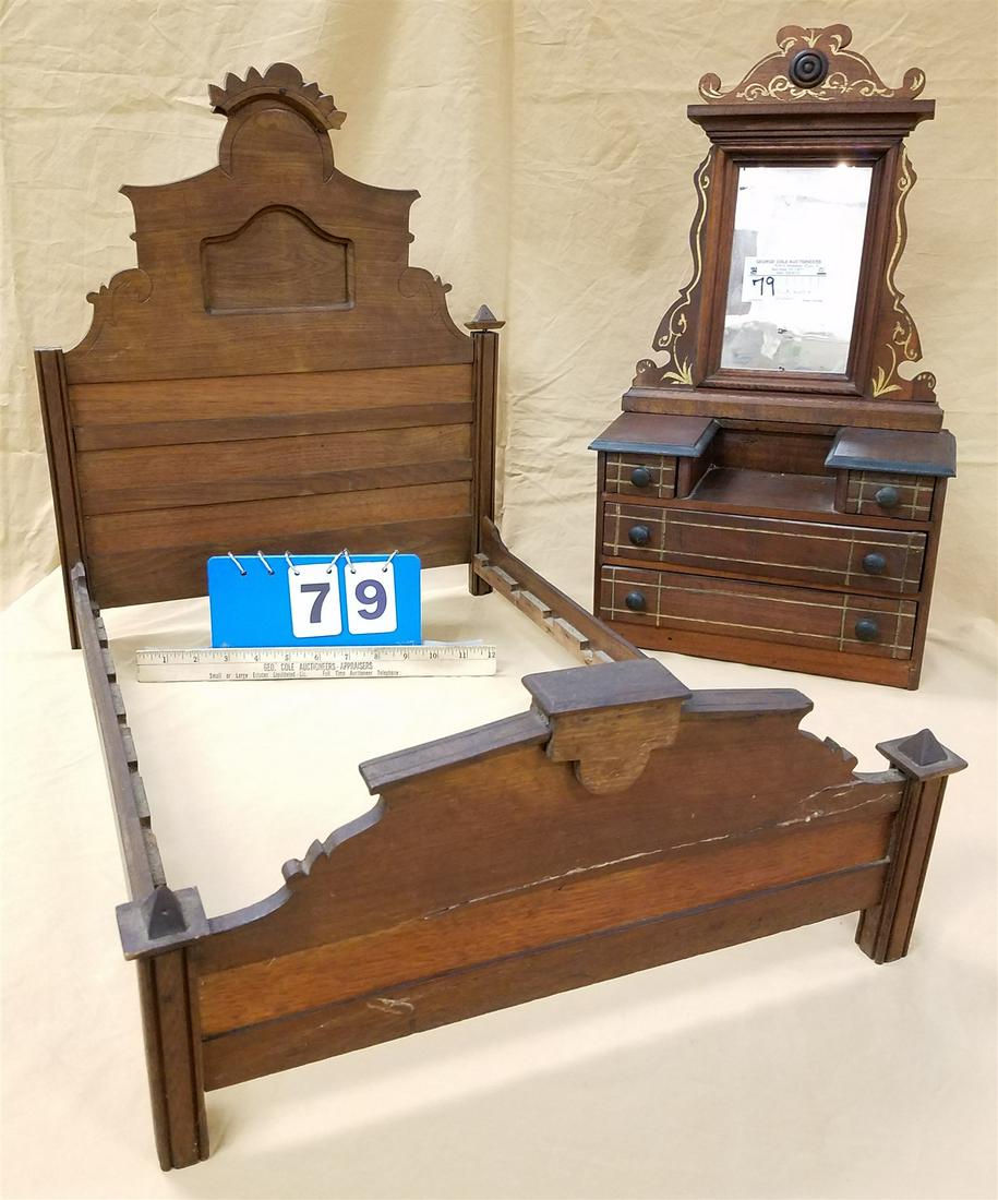 VICT WALNUT DOLL FURN BED 19"H X 16"W X 24"L, DRESSER 20"H X 11 1/4"W X 5 1/4"D: VICT WALNUT DOLL FURN BED 19"H X 16"W X 24"L, DRESSER 20"H X 11 1/4"W X 5 1/4"D