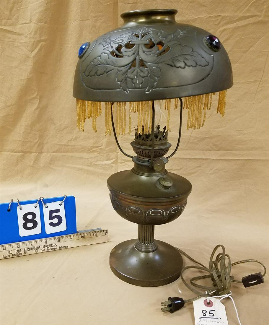 ARTS AND CRAFTS BRASS OIL LAMP W/ BRASS EMBOSSED AND JEWEL STUDDED SHADE- ELEC 17" (1 of 2)
