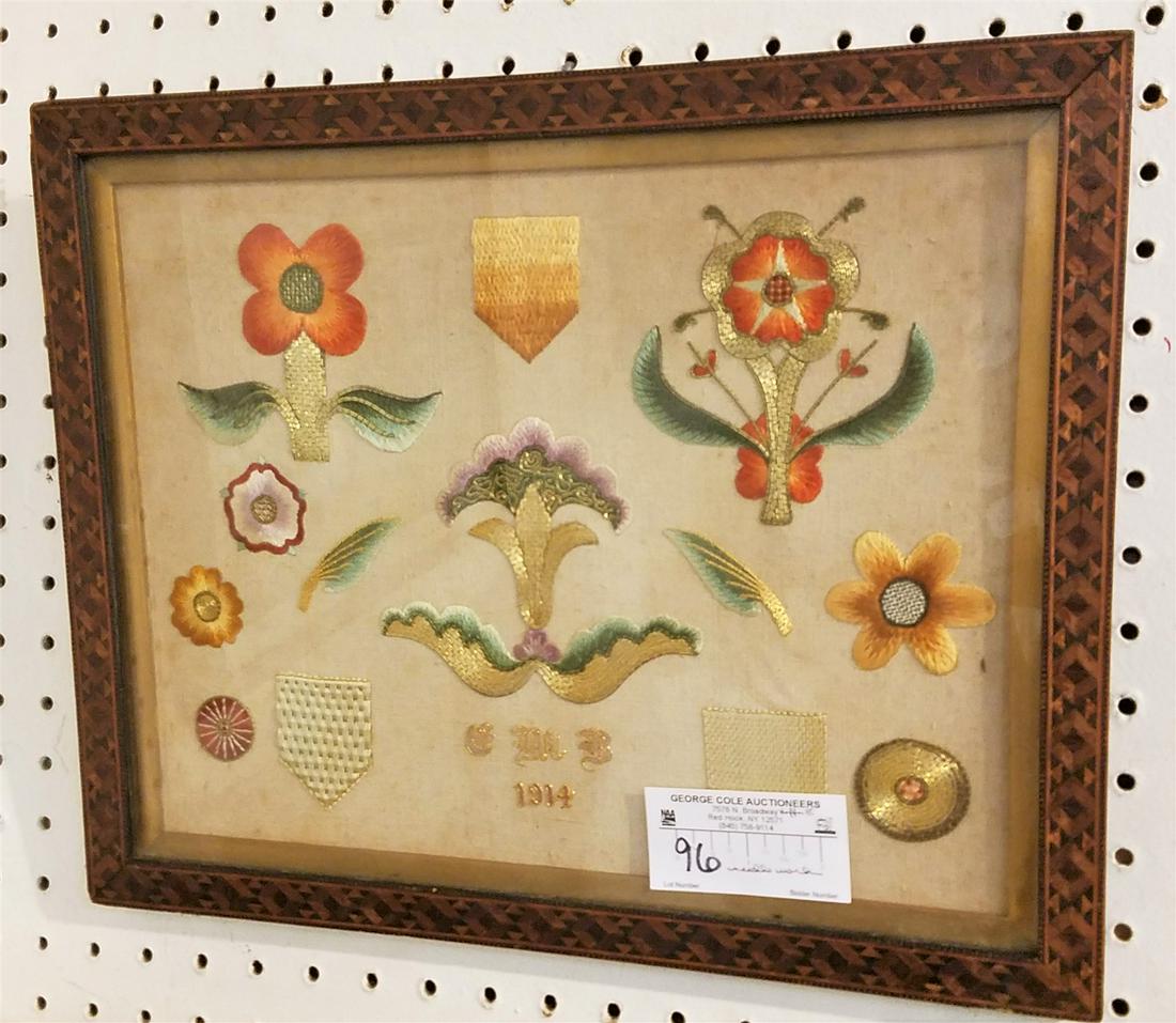 FRAMED NEEDLEWORK SGND GMB 1914 IN AN INLAID FRAME 12 1/2" X 15 1/2": FRAMED NEEDLEWORK SGND GMB 1914 IN AN INLAID FRAME 12 1/2" X 15 1/2"