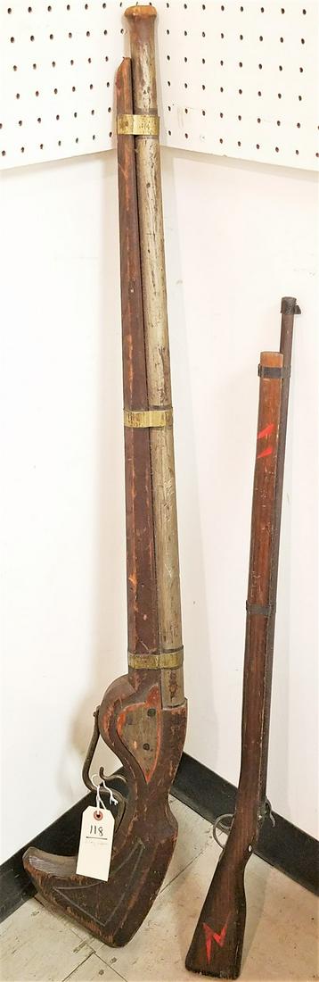 LOT 2 TOY PRIM. WOODEN RIFLES 4'& 37": LOT 2 TOY PRIM. WOODEN RIFLES 4'& 37"