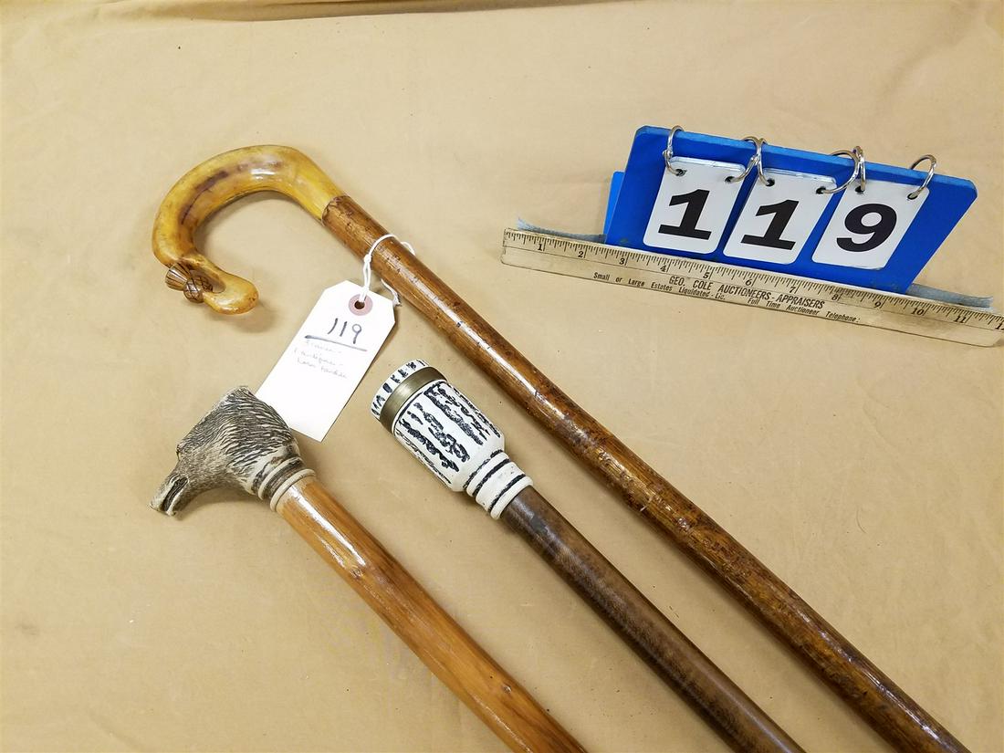 LOT 3 CANES-ANTIQUE CARVED HORN HANDLE & 2 CONTEMP. (1 of 5)