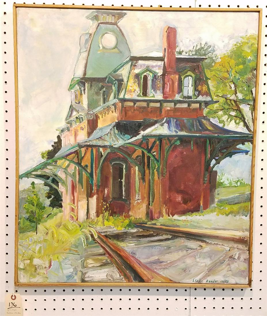 FRAMED O/C RR STATION SGND LESLIE BENDER 1972 RHINEBECK ARTIST 28" X 24" (1 of 2)