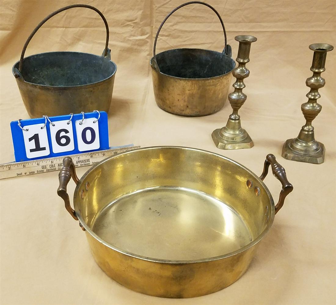 TRAY BRASS POT 3 1/4"H X 11 3/4"DIAM, 2 BRONZE POTS 4 3/4" H X 9"DIAM & 4 1/2"H X 8 1/4"DIAM & PR. (1 of 4)