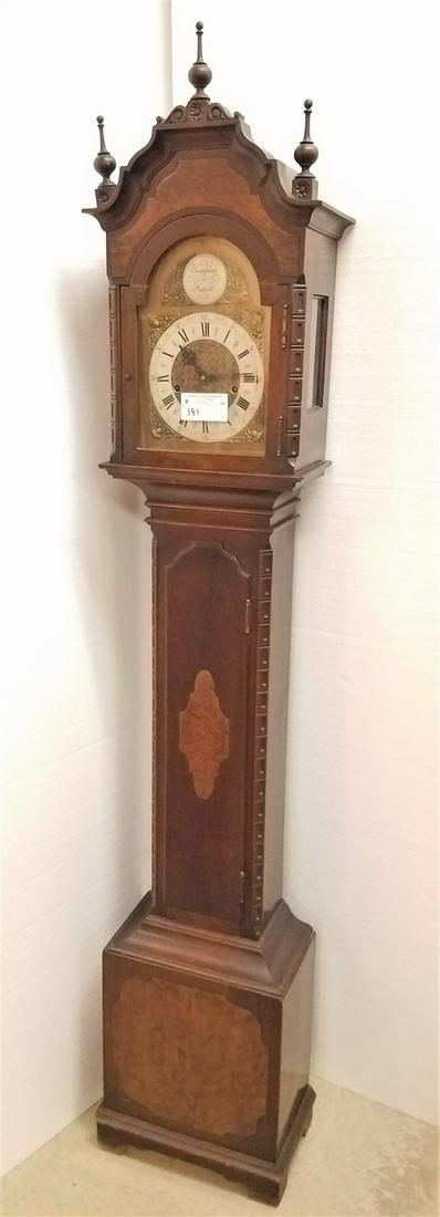 ENGLISH TEMPUS FUGIT MAHOG.CASE GRANDMOTHER CLOCK W/ BURL PANELS 6'H X 14"W X 8 1/2"D (1 of 11)