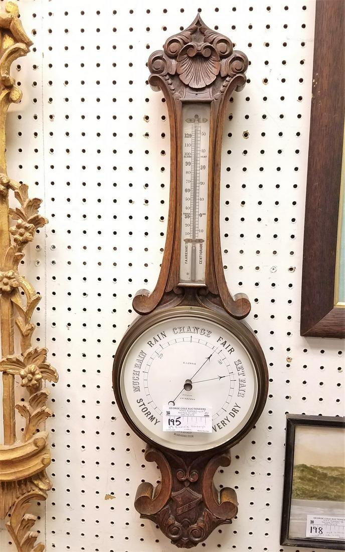 19TH C E. LENNIE EDINBURGH CARVED OAK THERMOMETER BAROMETER 31"H X 9 1/2"W (1 of 3)