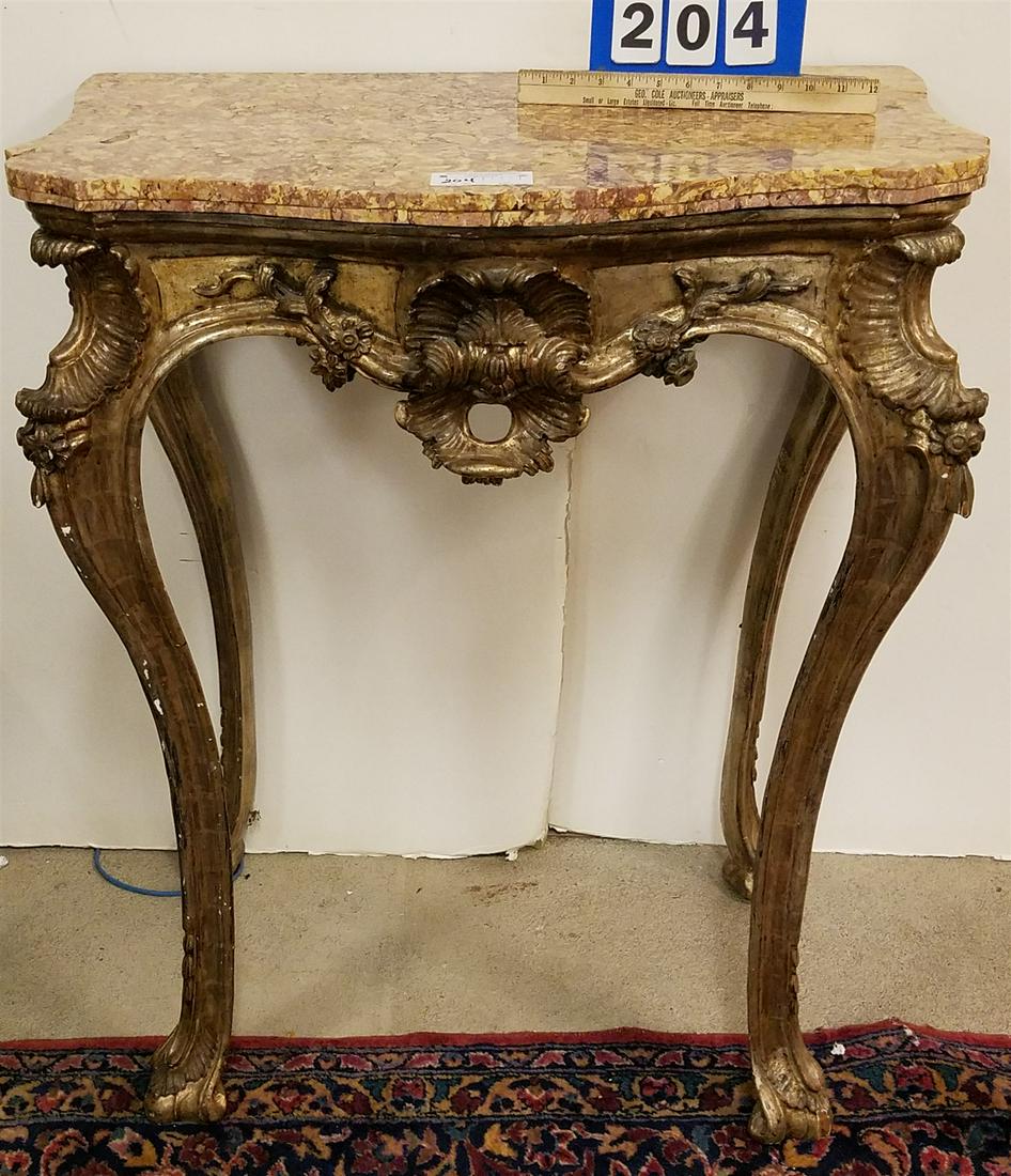 C1800 SILVER GILT ROCOCO MARBLE TOP STAND (MARBLE HAS REPAIR r BACK CORNER) 36 1/2"H X 31"W X 20 (1 of 3)