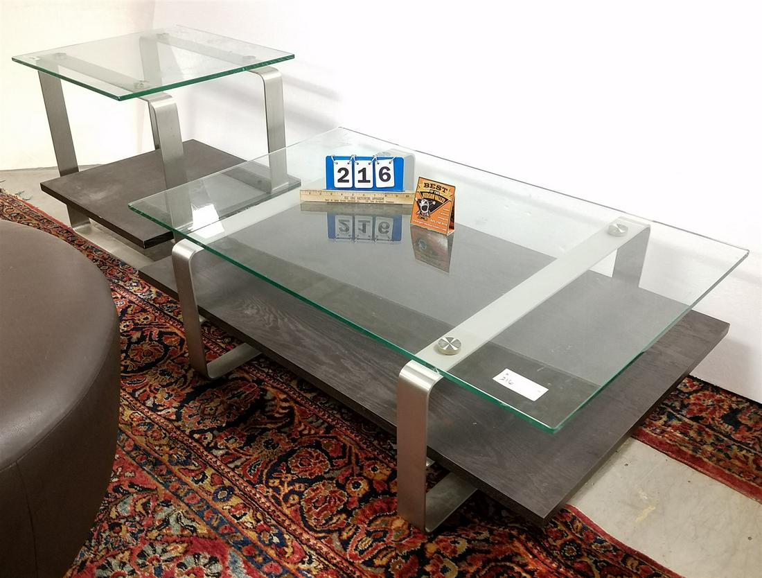 MODERN GLASS STEEL AND OAK COFFEE TABLE 15"H X 44"L X 28"W AND END STAND 23"H X 22" SQ (1 of 5)