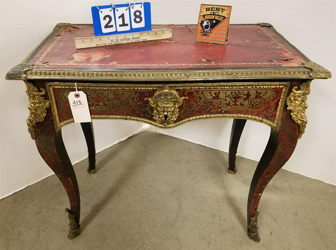 C1890 FRENCH - BRASS ORMOLU MOUNTED LEATHER TOP DESK.  ONE DRAWER. (1 of 2)