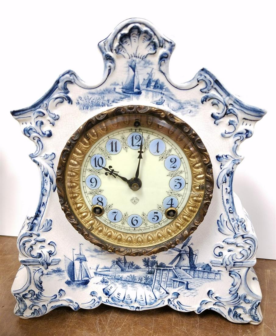 ANSONIA PORCELAIN DELFT DESIGN CLOCK 11 1/2"H X 10 1/2"W X 4"D (1 of 7)