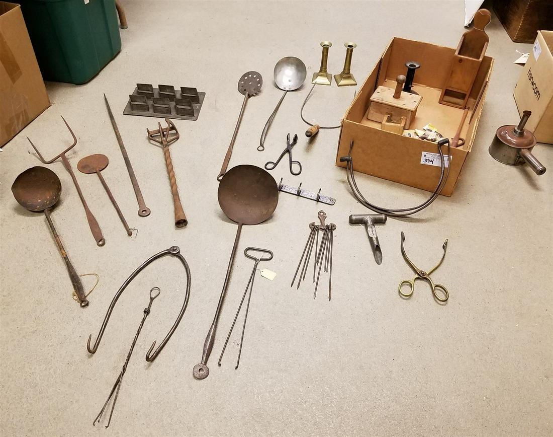 BX. PRIM. WROUGHT UTENSILS & BRANDING IRON, BRASS CANDLESTICKS, WOODEN BUTTER MOLD & CANDLE BX ETC. (1 of 1)