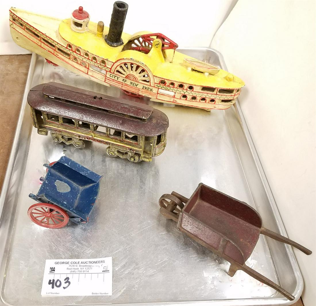 TRAY CAST IRON (WILKINS) CITY OF NY PADDLE WHEEL STEAMBOAT 5 1/2"H X 15"L, CAST IRON #14 TROLLEY CAR (1 of 1)