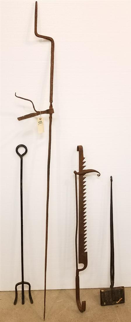 PRIM. WROUGHT HEARTH ITEMS-SPIT, ADJUSTABLE TRAMMEL, FORK & GRIDDLE: PRIM. WROUGHT HEARTH ITEMS-SPIT, ADJUSTABLE TRAMMEL, FORK & GRIDDLE